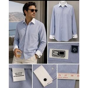 Steven Land Men’s 18.5 34/35 French Cuff Dress Shirt Blue White Contrast NWT